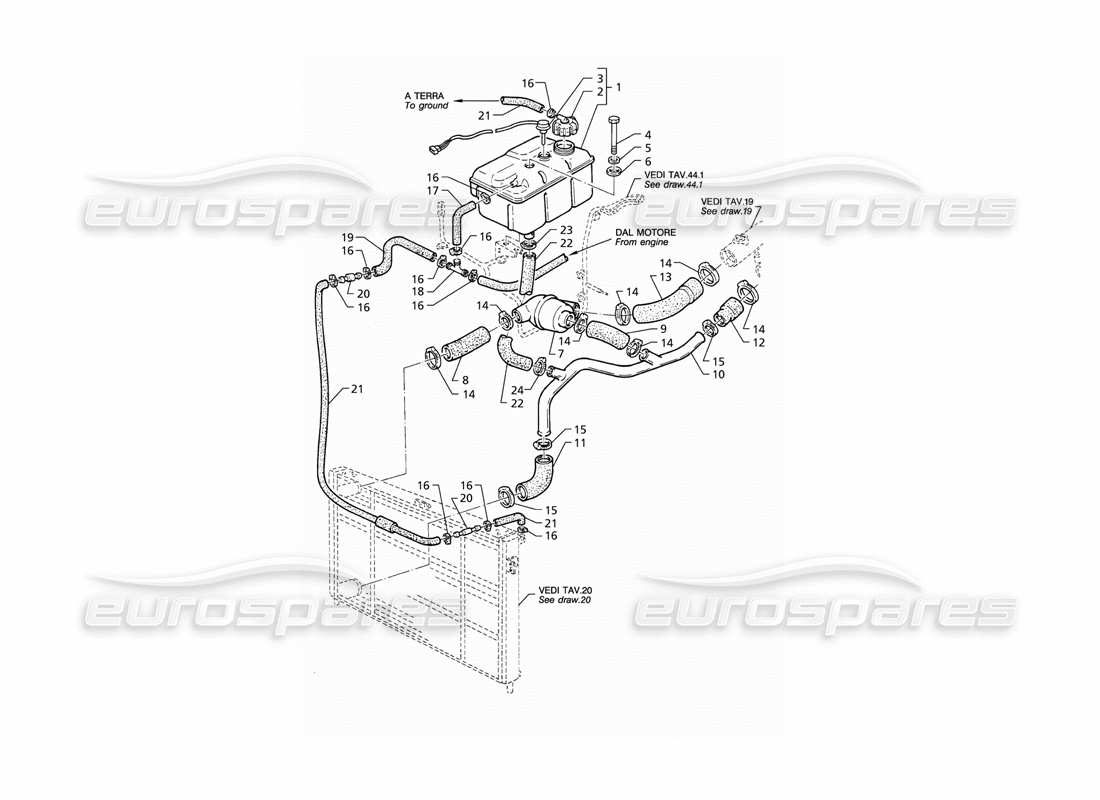 maserati qtp v8 (1998) engine cooling system box and thermostat part diagram