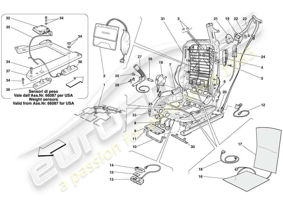 ferrari 612 sessanta (usa) electric front seat - seat belts and devices part diagram