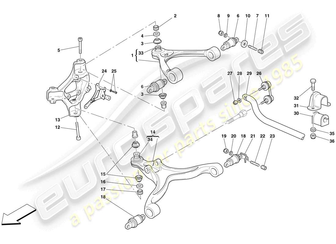 ferrari 612 sessanta (europe) front suspension - arms and stabiliser bar part diagram