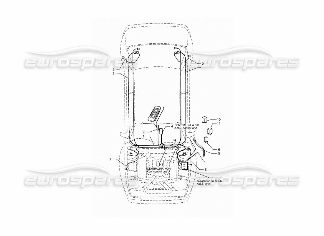 maserati ghibli 2.8 (abs) electrical system: a.b.s. and 'koni' suspension (rh drive) part diagram