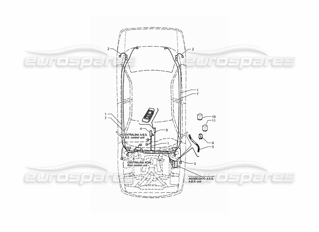 maserati qtp. 3.2 v8 (1999) electrical system: a.b.s. and 'koni' suspension (lh drive) part diagram