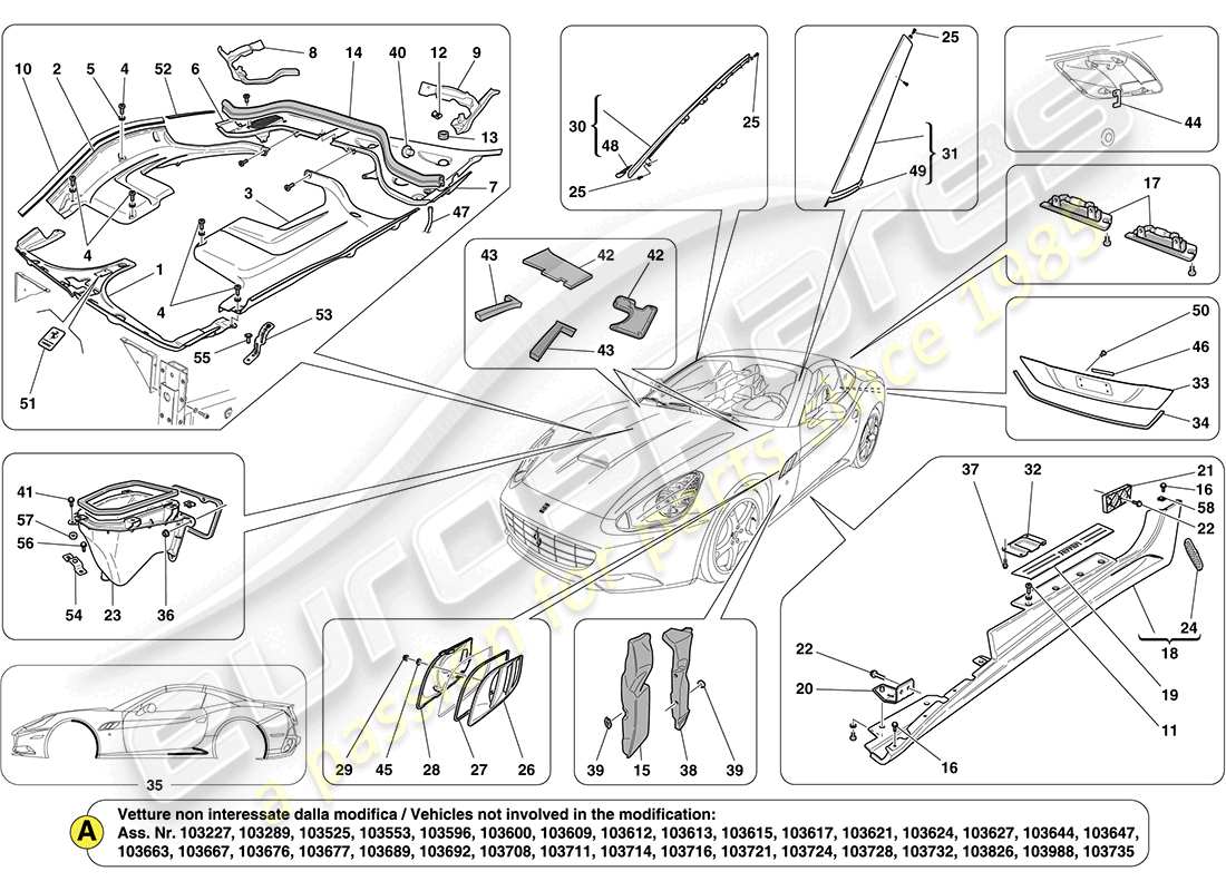 ferrari california (usa) shields, trim and covers part diagram