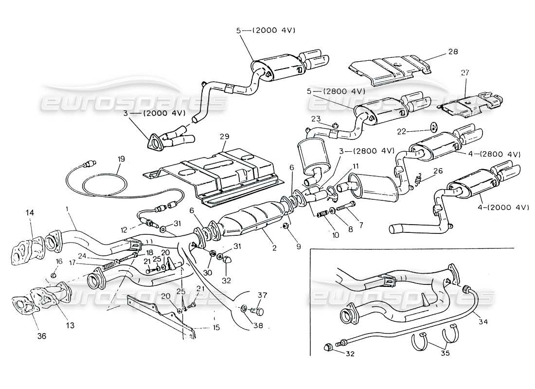 maserati 222 / 222e biturbo exhaust system with catalyst (4v) part diagram