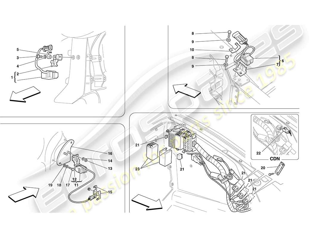 ferrari f430 coupe (usa) ecus and sensors in front compartment and engine compartment part diagram