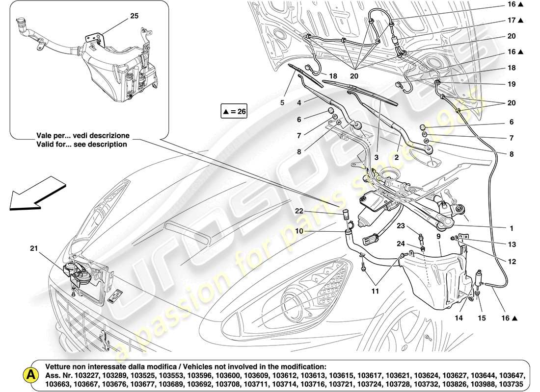 ferrari california (usa) windscreen wiper, windscreen washer and horns part diagram