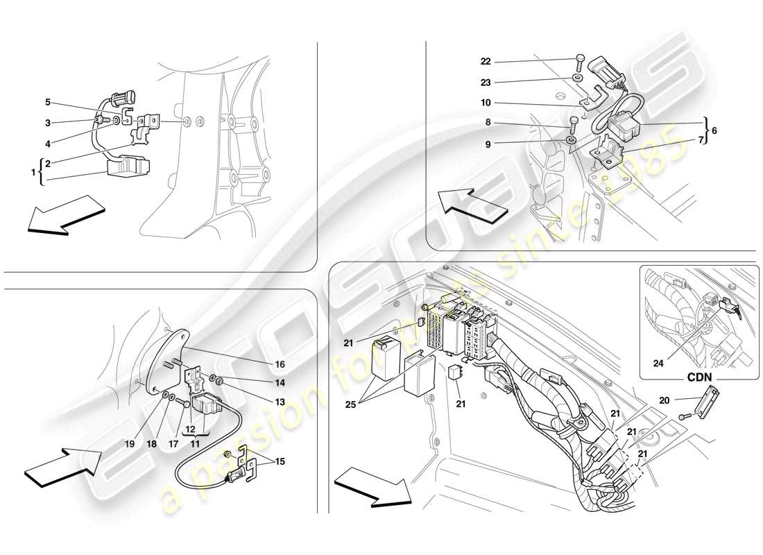 ferrari f430 scuderia spider 16m (rhd) ecus and sensors in front compartment and engine compartment part diagram