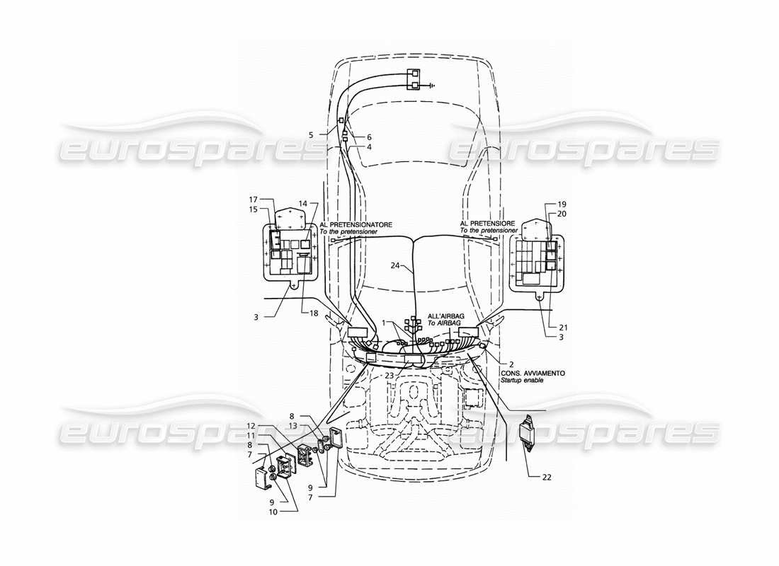 maserati qtp. 3.2 v8 (1999) electrical system: dashboard and battery (lh drive) part diagram