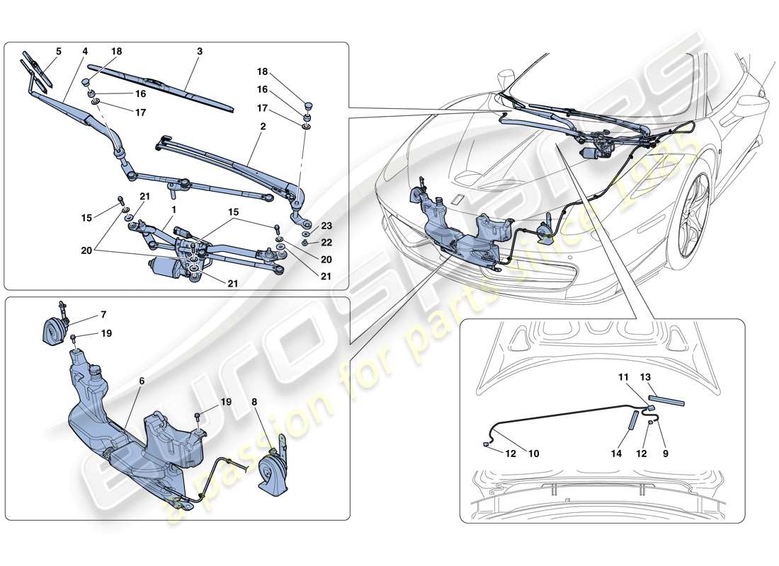 ferrari 458 speciale aperta (rhd) windscreen wiper, windscreen washer and horns part diagram