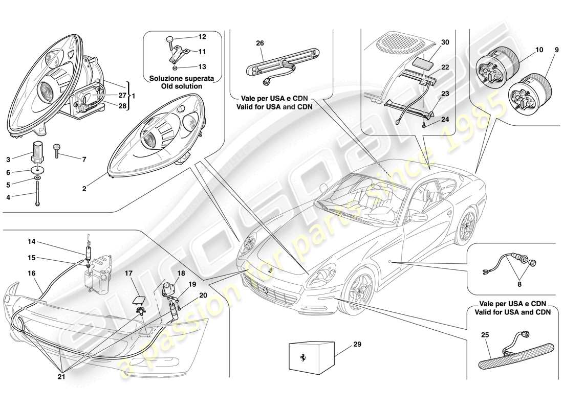 ferrari 612 sessanta (usa) headlights and taillights part diagram