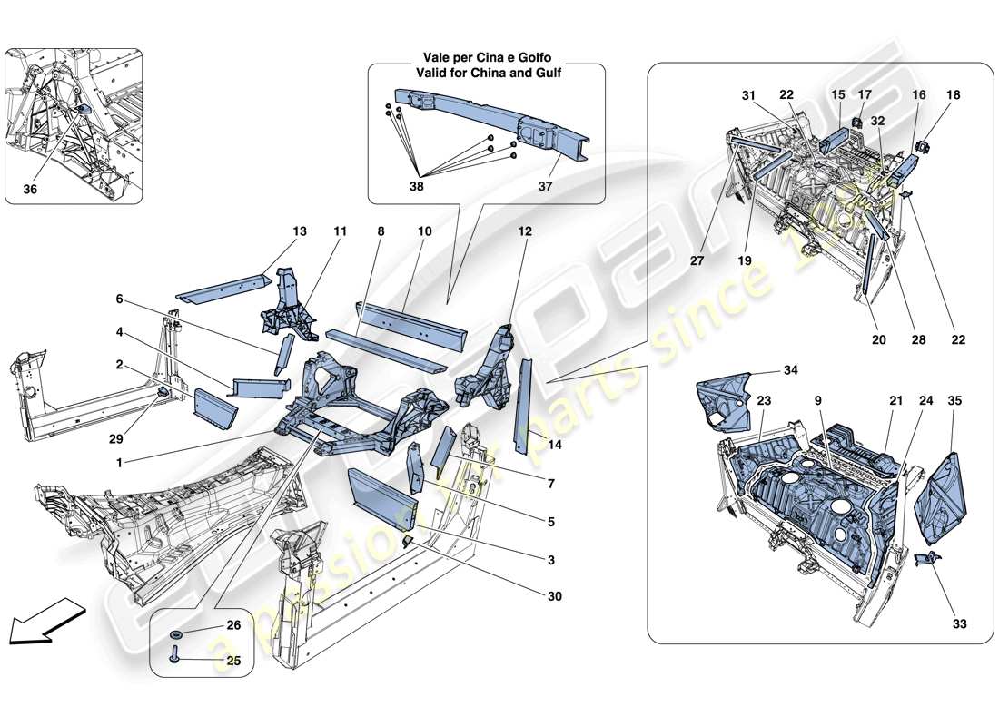 ferrari f12 berlinetta (rhd) structures and elements, rear of vehicle part diagram