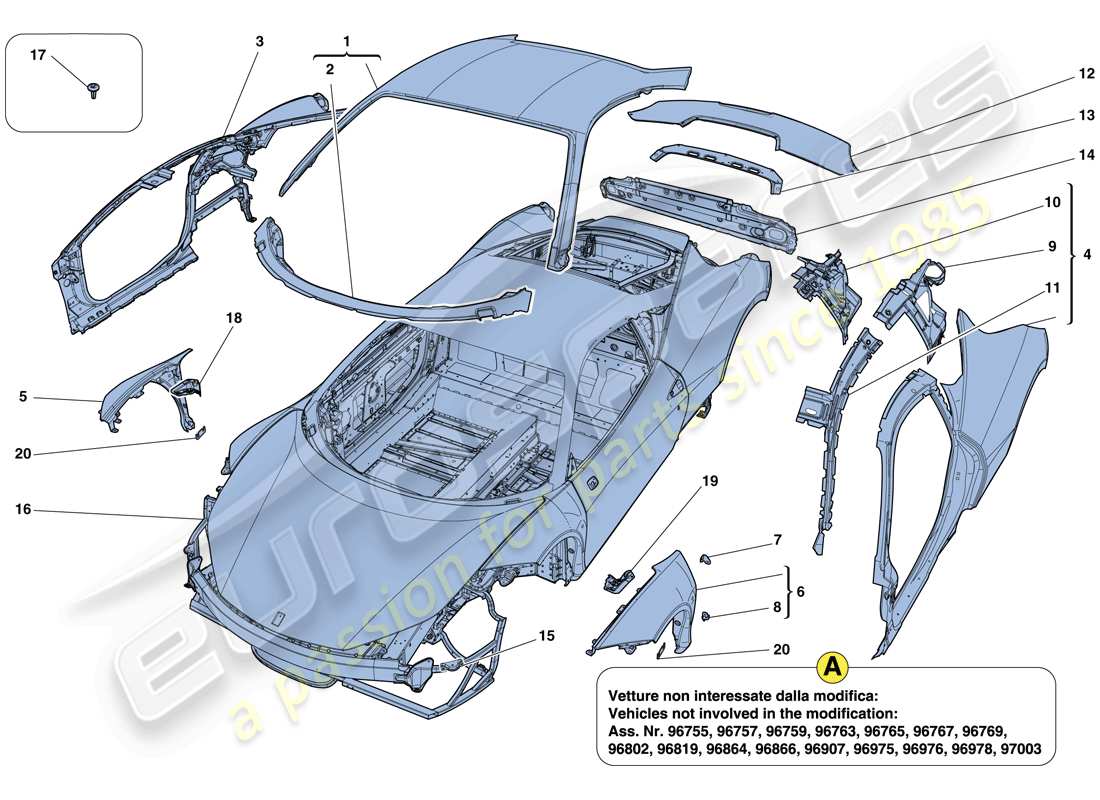 ferrari 458 italia (europe) bodyshell - external trim part diagram