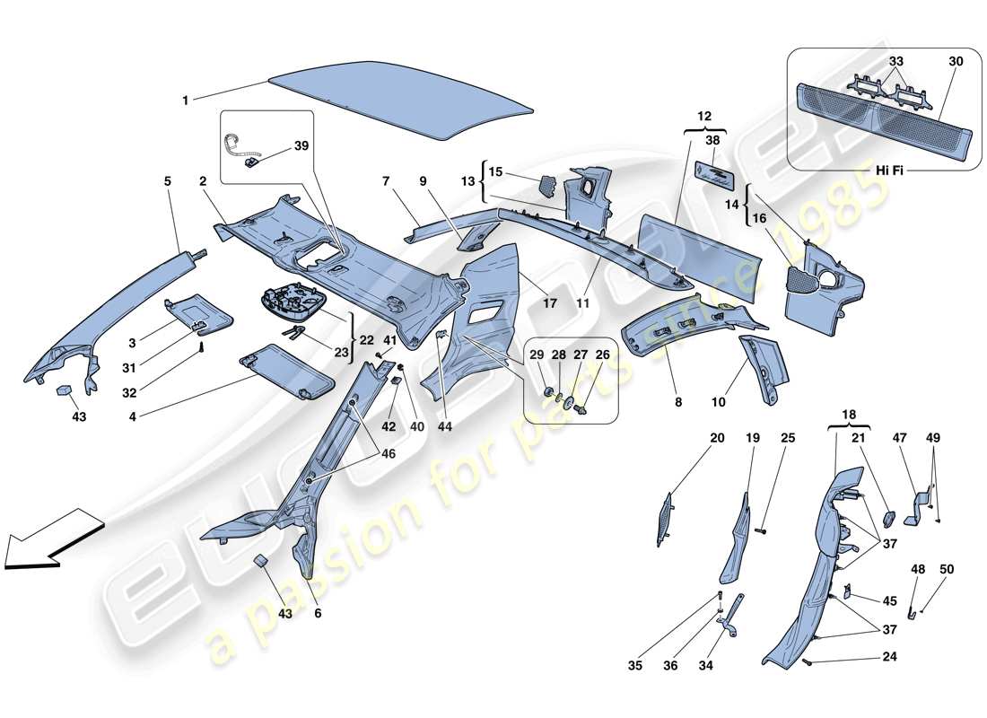 ferrari 458 italia (rhd) headliner trim and accessories part diagram