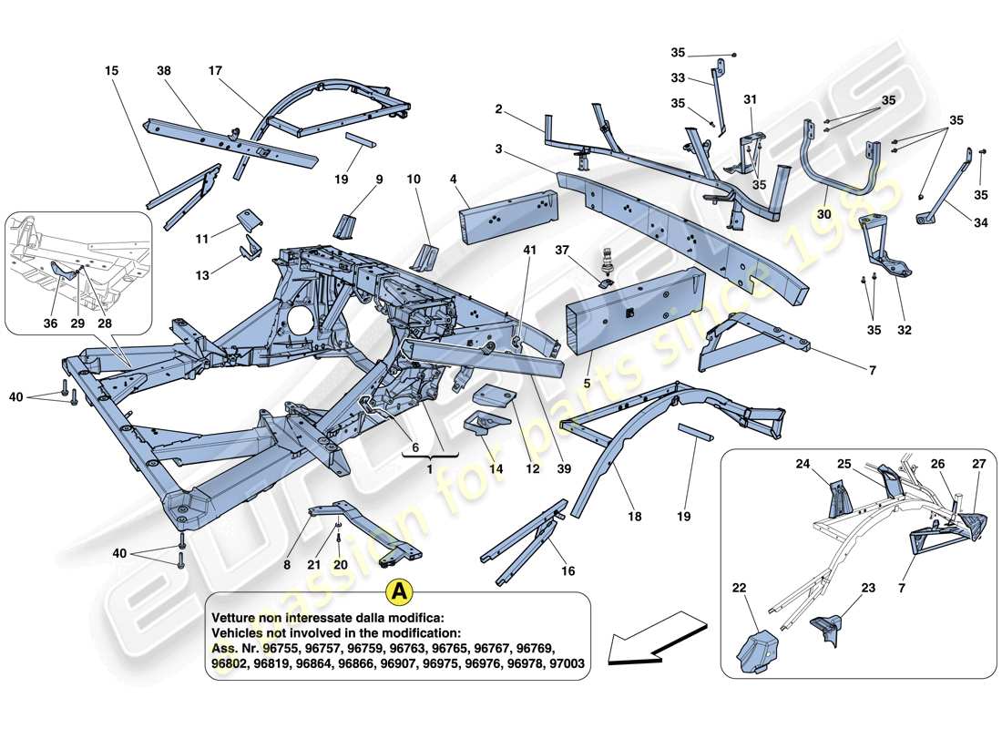 ferrari 458 italia (rhd) chassis - structure, rear elements and panels part diagram