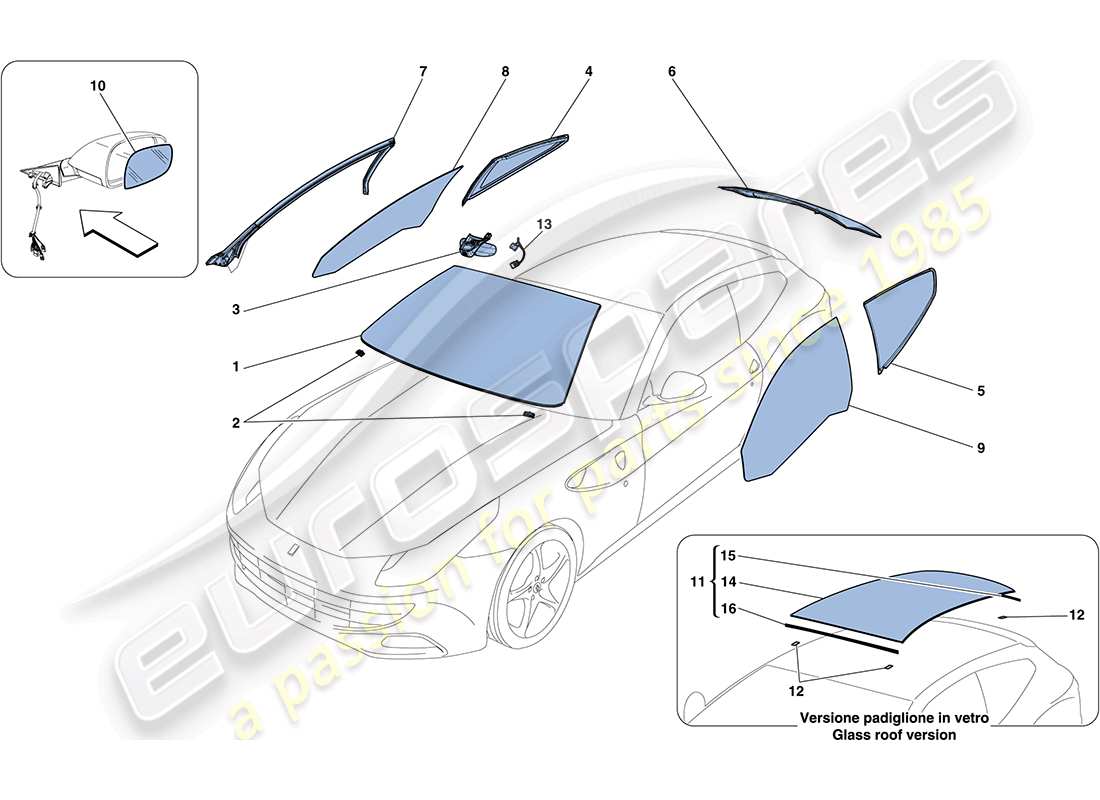 ferrari ff (europe) screens, windows and seals part diagram