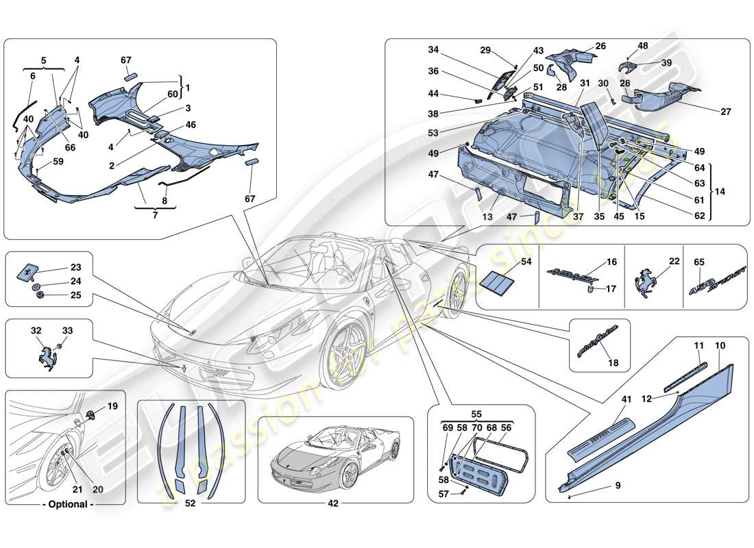 ferrari 458 spider (europe) shields - external trim part diagram