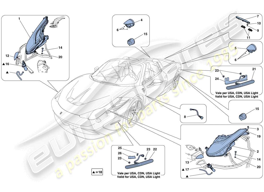 ferrari 458 speciale aperta (rhd) headlights and taillights part diagram