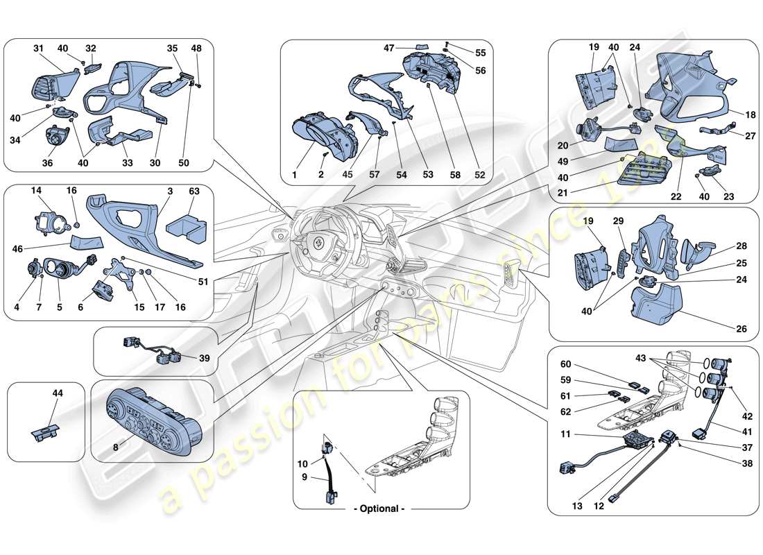 ferrari 458 speciale aperta (rhd) dashboard and tunnel instruments part diagram