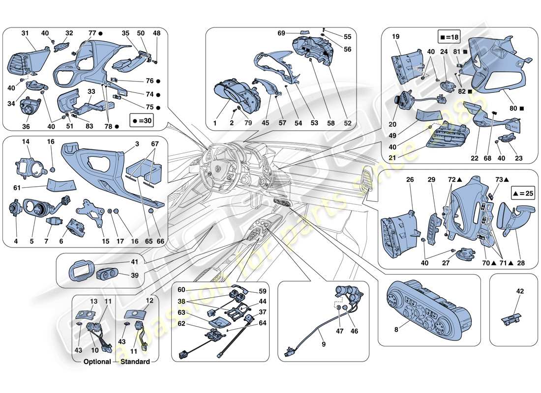 ferrari 458 spider (europe) dashboard and tunnel instruments part diagram