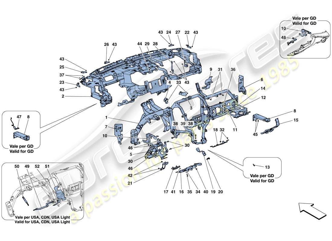 ferrari gtc4 lusso t (rhd) dashboard - substructure part diagram