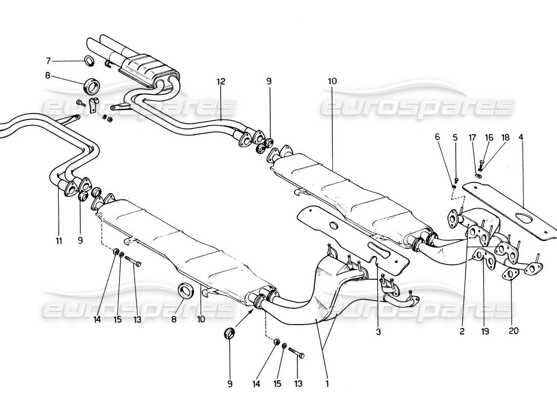 ferrari 365 gtb4 daytona (1969) exhaust system (1972 revision) part diagram