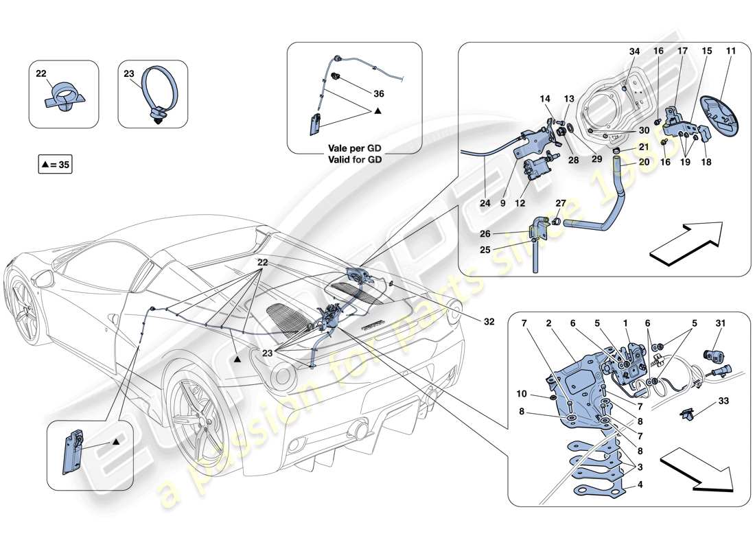 ferrari 458 speciale aperta (europe) engine compartment lid and fuel filler flap opening mechanisms part diagram