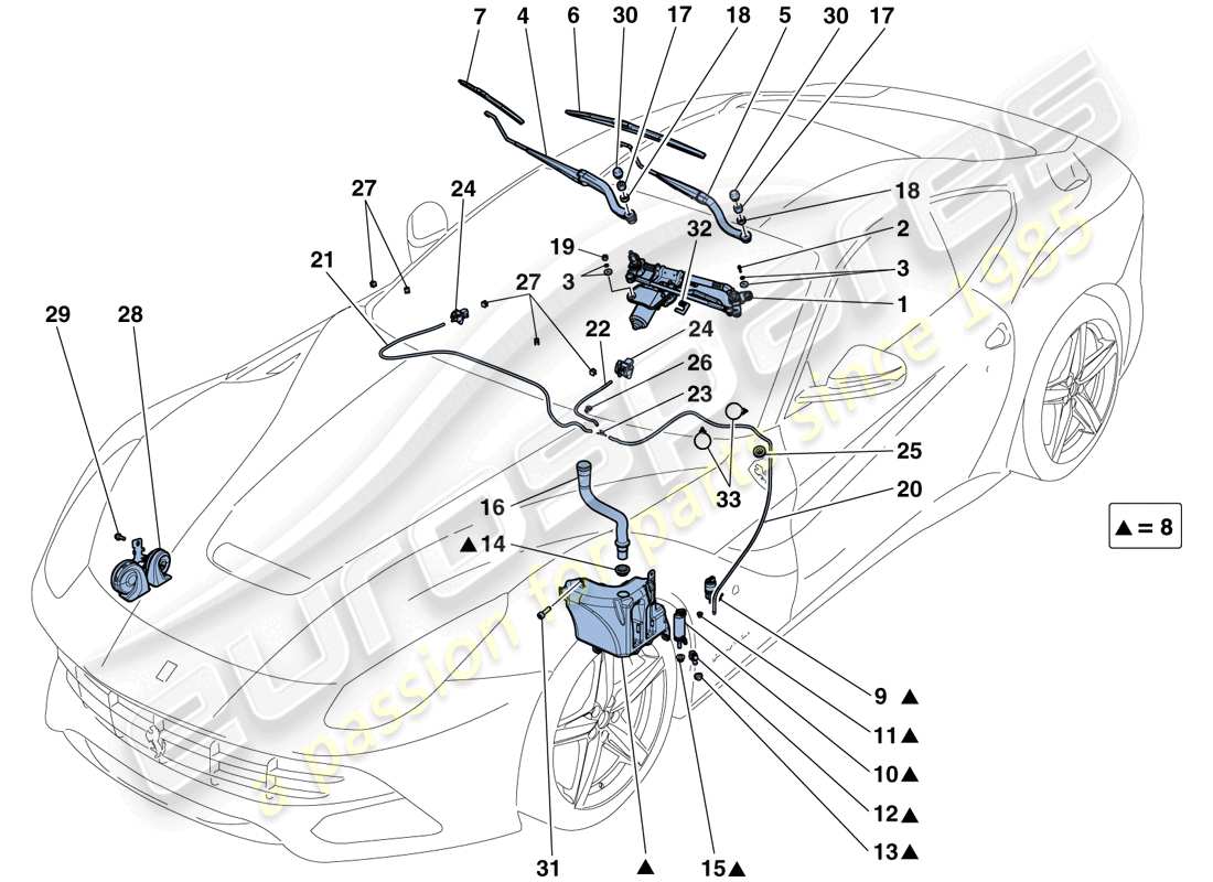 ferrari f12 berlinetta (usa) windscreen wiper, windscreen washer and horns part diagram