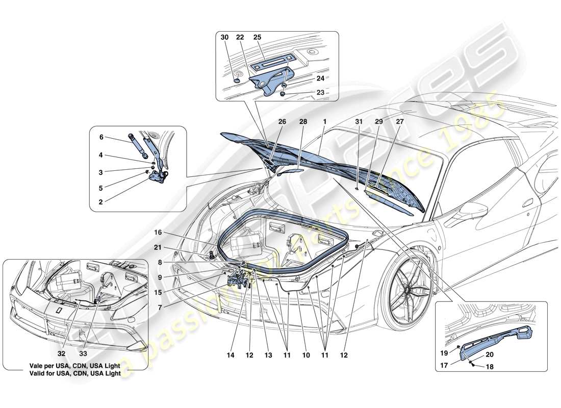 ferrari 488 spider (rhd) front lid and opening mechanism part diagram