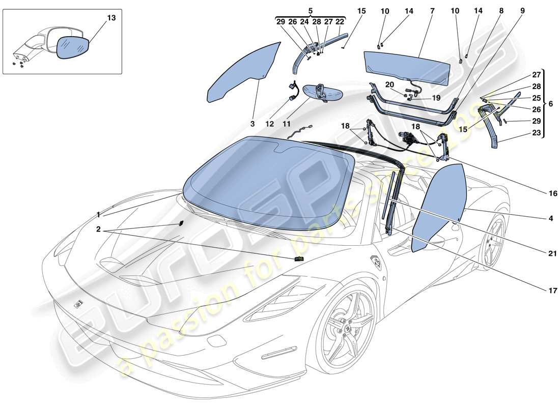 ferrari 458 speciale aperta (europe) screens, windows and seals part diagram