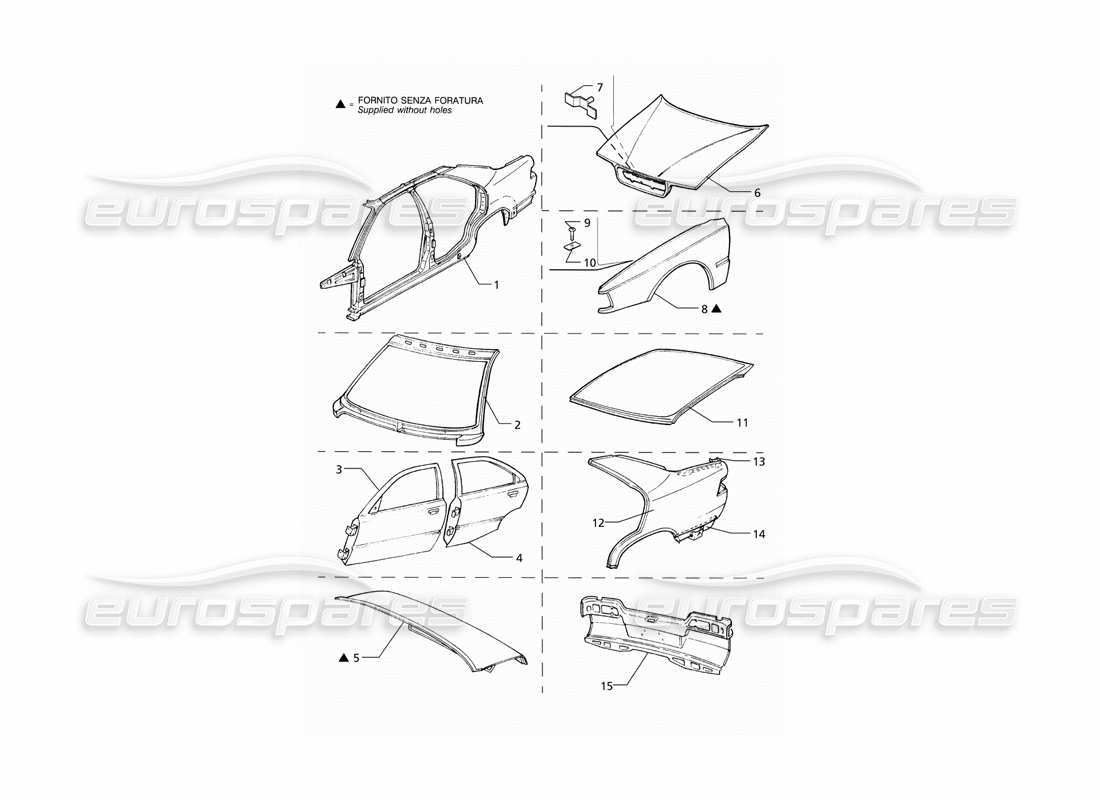 maserati qtp v6 (1996) body shell: outer panels (rhd) parts diagram