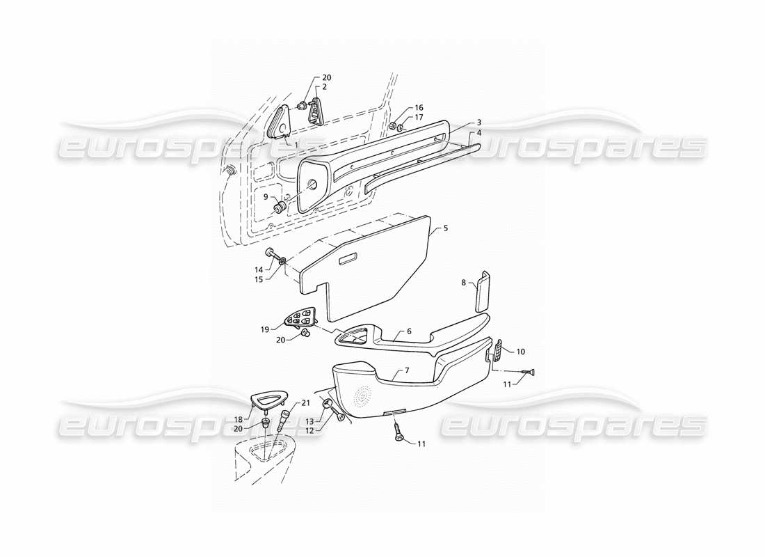 maserati qtp v8 (1998) inner trims: front door panels (rhd) part diagram