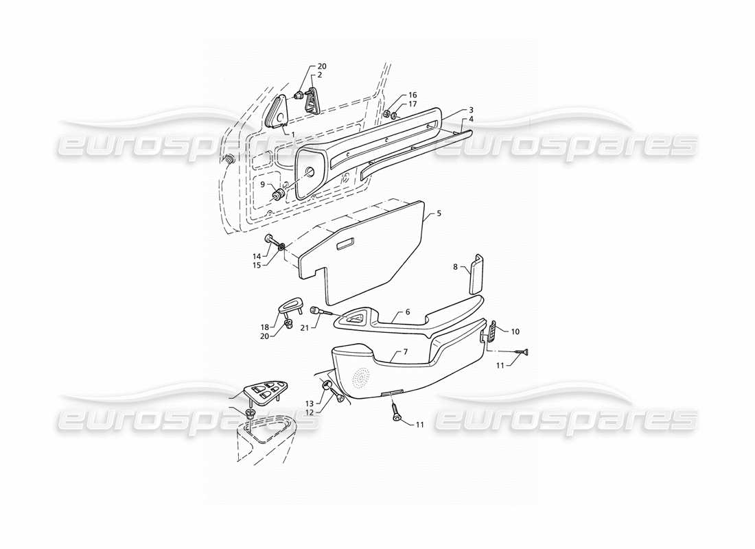 maserati qtp v8 (1998) inner trims: front door panels (lhd) part diagram