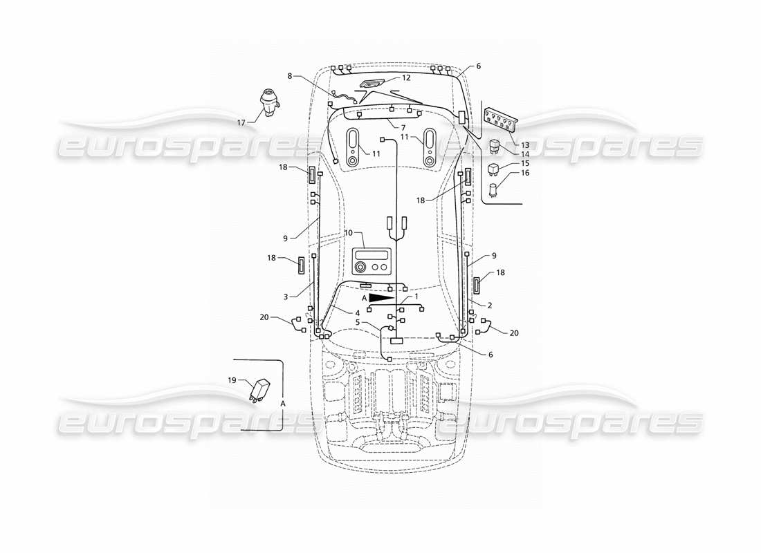 maserati qtp v8 (1998) electrical system: boot-doors-passanger compartment (rhd) part diagram