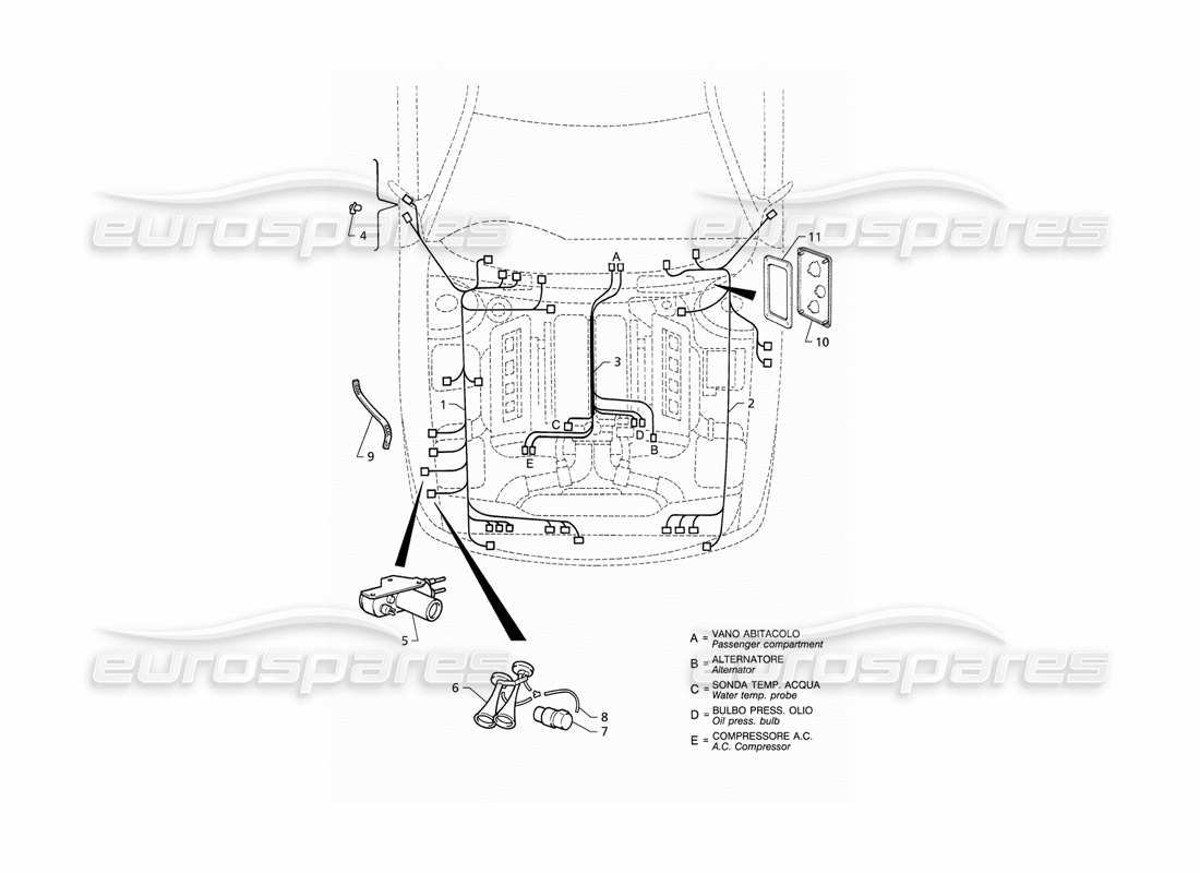 maserati qtp v8 (1998) electrical system: engine compartment (rhd) part diagram