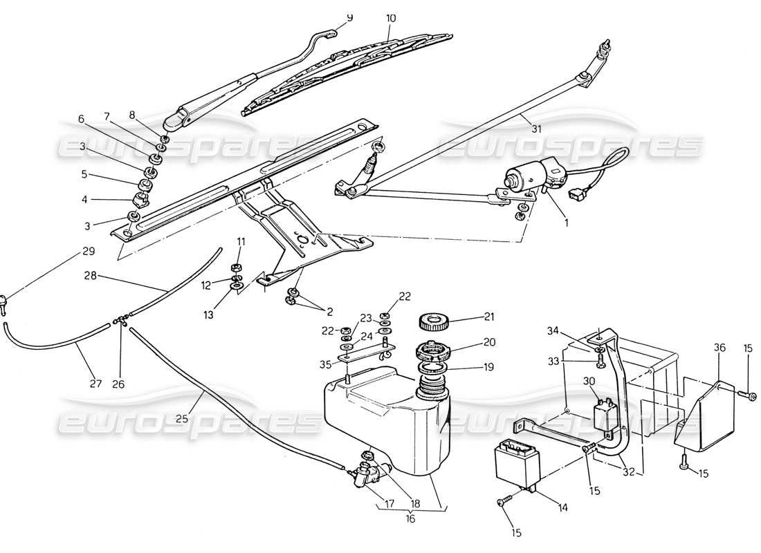 maserati 222 / 222e biturbo windshield wiper - washer (rh steering) part diagram