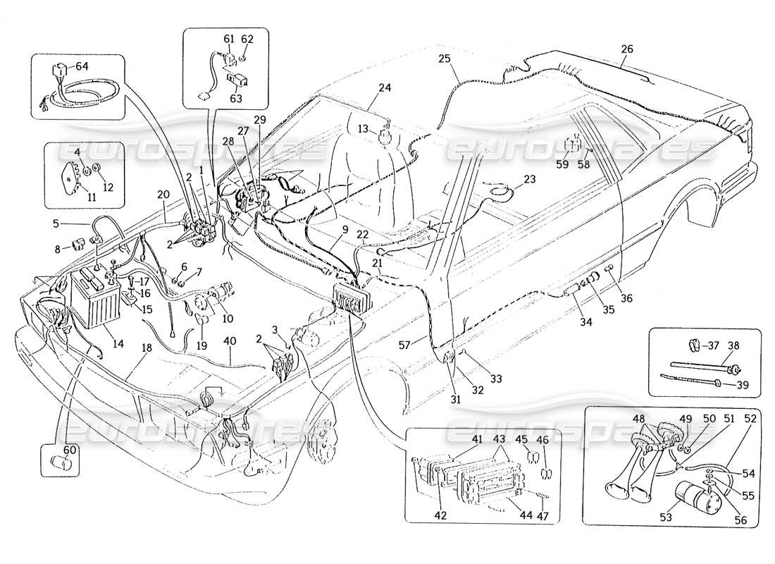 maserati karif 2.8 wiring harness and electrical components (rh steering cars) part diagram