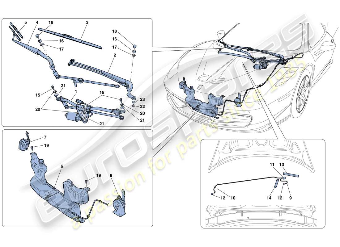 ferrari 458 speciale (europe) windscreen wiper, windscreen washer and horns part diagram