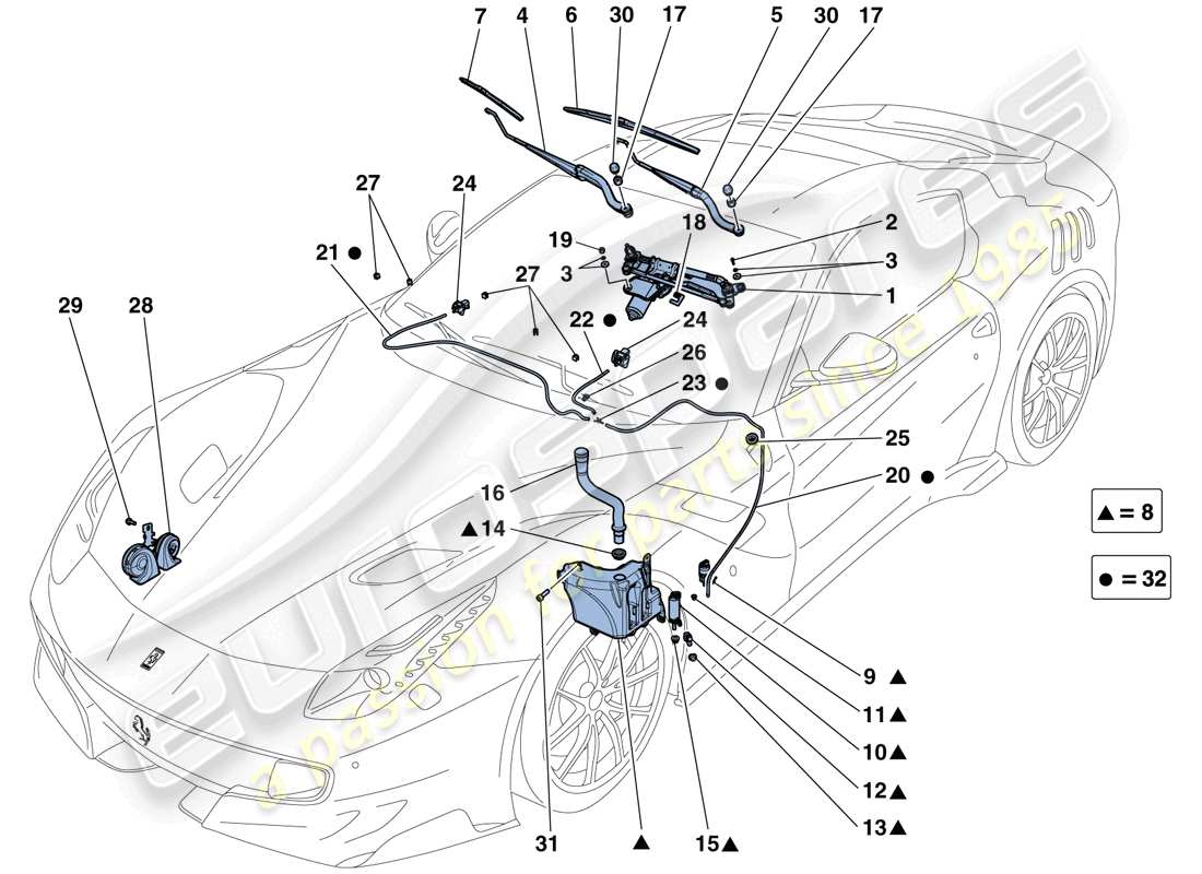 ferrari f12 tdf (rhd) windscreen wiper, windscreen washer and horns part diagram