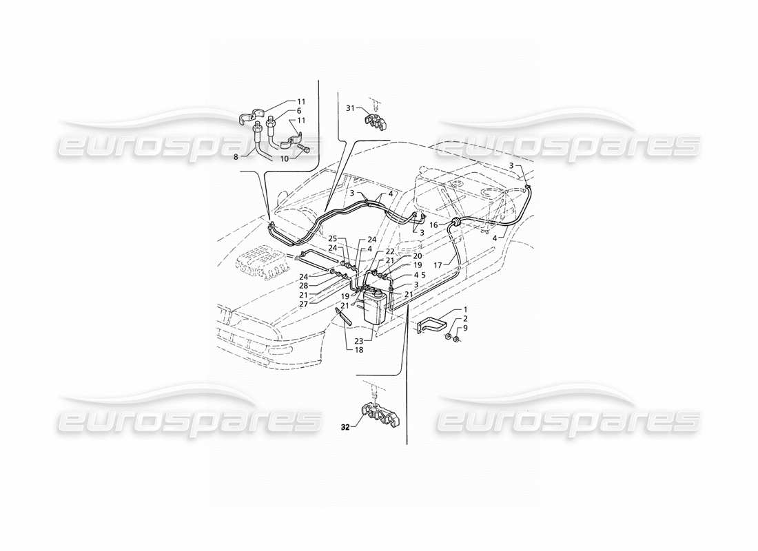 maserati qtp v8 (1998) evaporation vapours recovery system and fuel pipes (rhd) part diagram