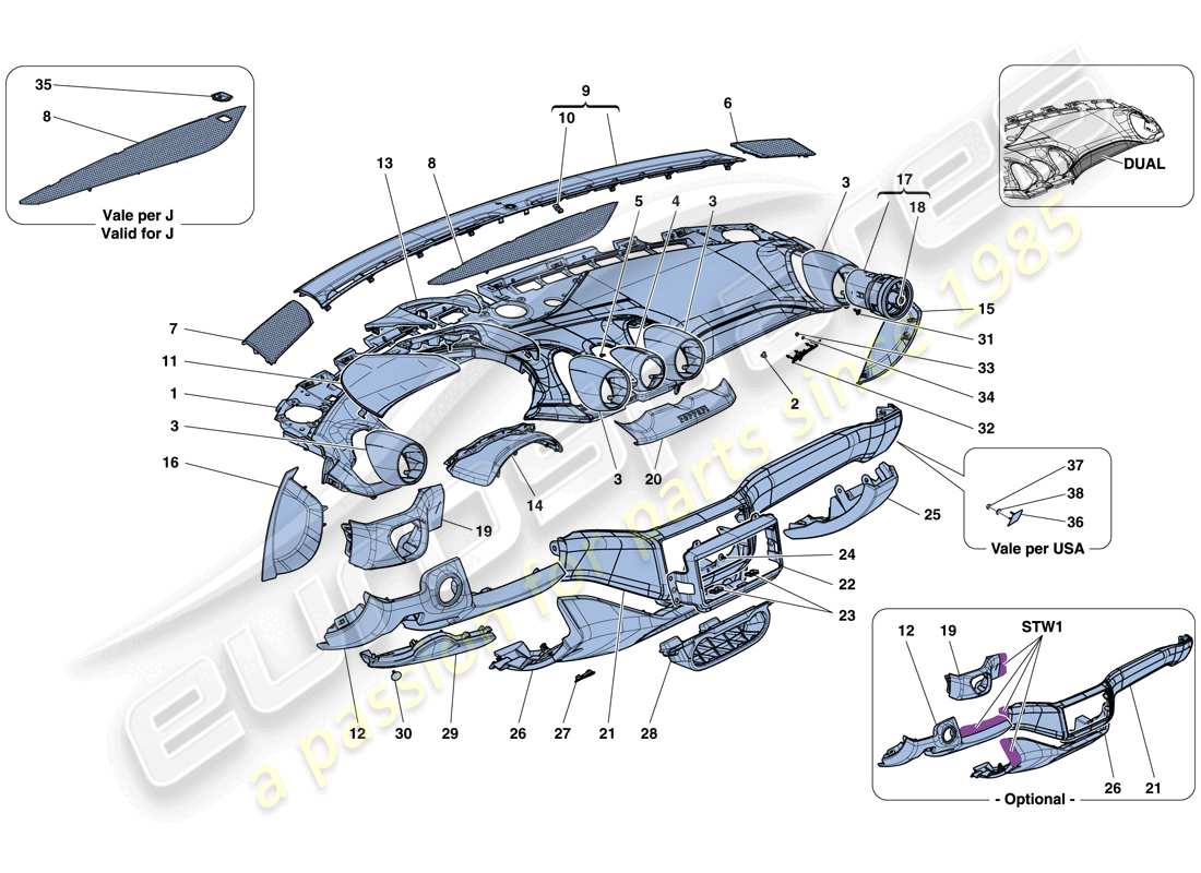 ferrari california t (rhd) dashboard - trim part diagram