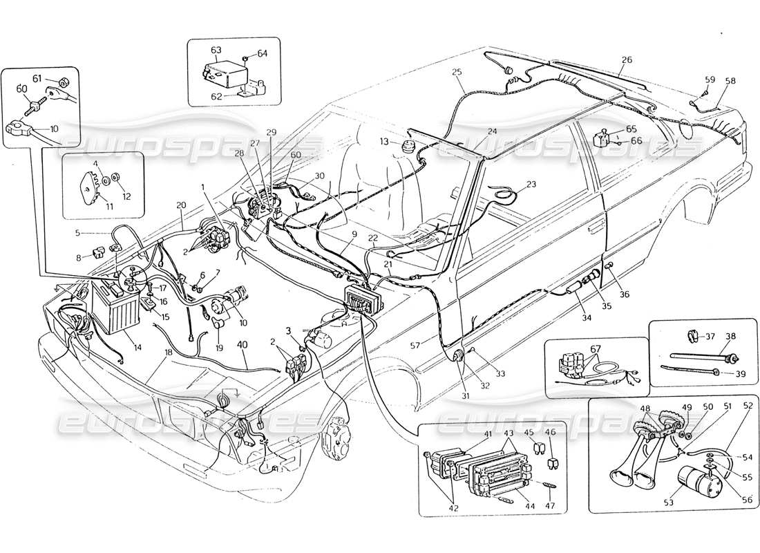 maserati 222 / 222e biturbo wiring harness and electrical components (rh steering) part diagram