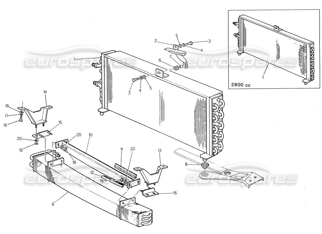 maserati 222 / 222e biturbo upper and lower condenser (pre modif.) part diagram