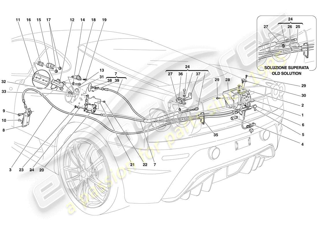 ferrari f430 scuderia spider 16m (europe) engine compartment lid and fuel filler flap opening mechanisms part diagram