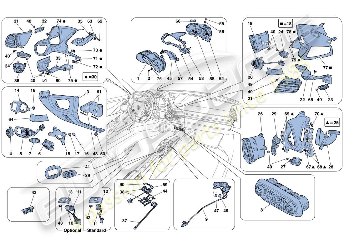 ferrari 458 italia (europe) dashboard and tunnel instruments part diagram