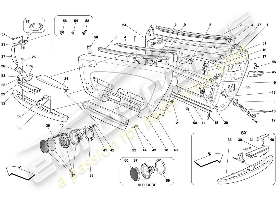 ferrari f430 spider (rhd) doors - substructure and trim part diagram