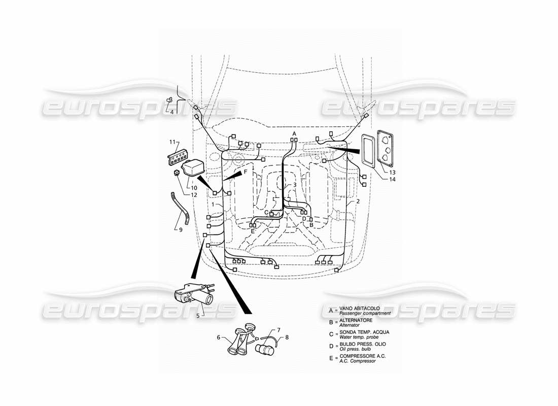 maserati qtp v6 (1996) electrical system: engine compartment (rhd) parts diagram