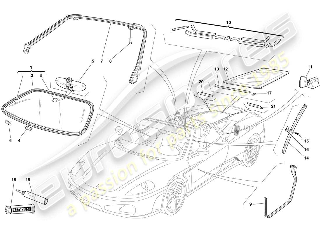 ferrari f430 spider (rhd) screens, windows and seals part diagram