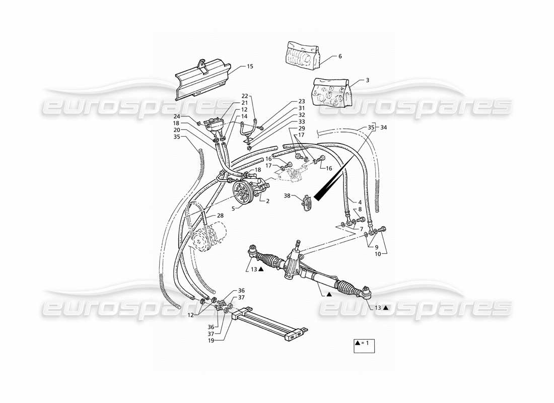 maserati qtp v6 (1996) power steering system (rhd) parts diagram