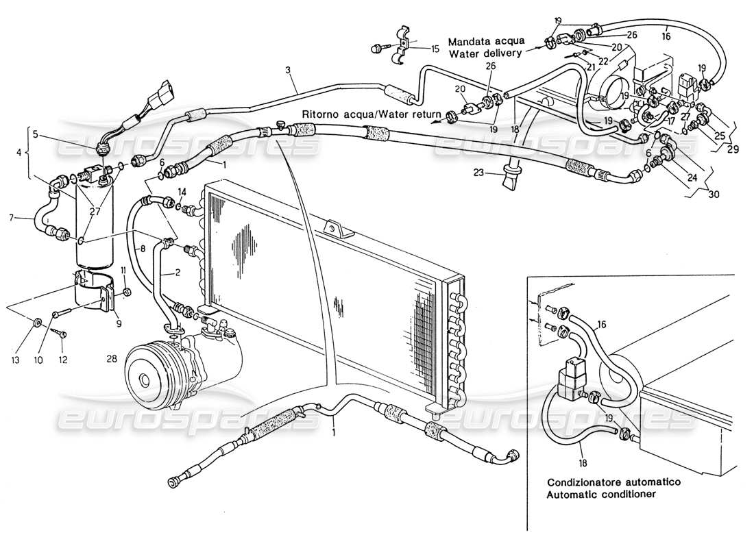 maserati 222 / 222e biturbo air conditioning system rh steering (after modif.) part diagram