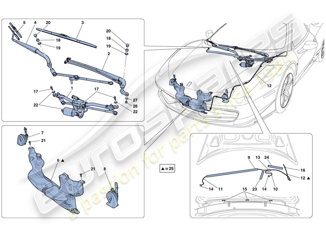 ferrari 458 italia (europe) windscreen wiper, windscreen washer and horns part diagram