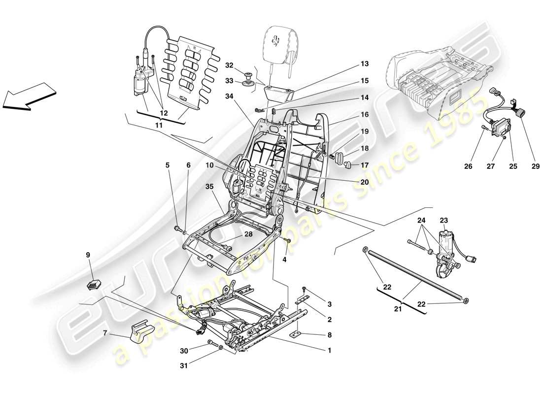 ferrari f430 spider (rhd) electric seat - guides and adjustment mechanisms part diagram